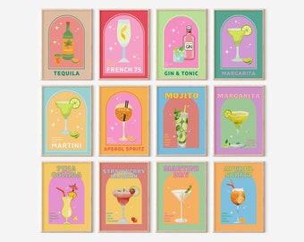 Bundel Cocktail Print Set van 12, Alcohol Prints, Kleurrijke Bar Cart Gallery Wall Set, Bar Cart Accessoires, Bar Wall Art Poster