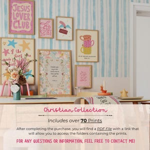 May include: A selection of framed art prints with Christian themes and inspirational quotes. The prints showcase diverse designs, including floral patterns, whimsical illustrations, and text. The colour palette includes pink, blue, and beige tones. The text "JESUS LOVER CLUB" is visible.