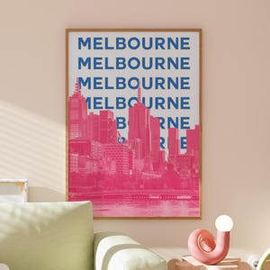 Preppy travel, Melbourne Travel Print | Digital Art Download | Pink Blue Melbourne Art | Trendy Travel Exhibition Print, Cute Retro Wall Art