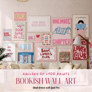 Arte murale libresca, set di stampe murali per amanti dei libri, decorazione libresca disegnata a mano, stampa di lettura, decorazione digitale per amanti dei libri, regalo per amanti dei libri