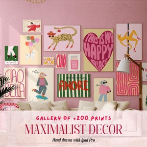 Conjunto de parede de galeria maximalista de 100, arte de parede maximalista, decoração maximalista de desenho à mão, arte de parede moderna, decoração de sala de faculdade, pôster preppy