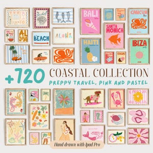 Paquete de 720 piezas de arte costero para pared, arte playero rosa, decoración de casa de playa, arte de pared de viaje chic, decoración playera de moda, descarga digital