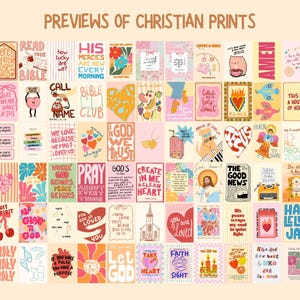 May include: A collection of colorful Christian art prints with various inspirational quotes and illustrations. The prints feature phrases like "God is Good," "Pray," and "Jesus." The overall theme is faith and spirituality, with a vintage aesthetic.