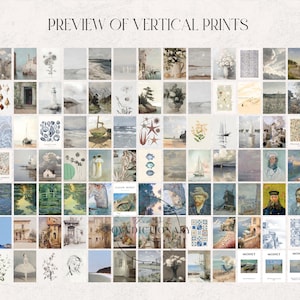 Puede incluir: Un collage de 64 impresiones verticales que presentan una variedad de temas, incluyendo paisajes, marinas, naturalezas muertas y arte abstracto. Las impresiones est&aacute;n dispuestas en una cuadr&iacute;cula y todas tienen una paleta de colores apagados.