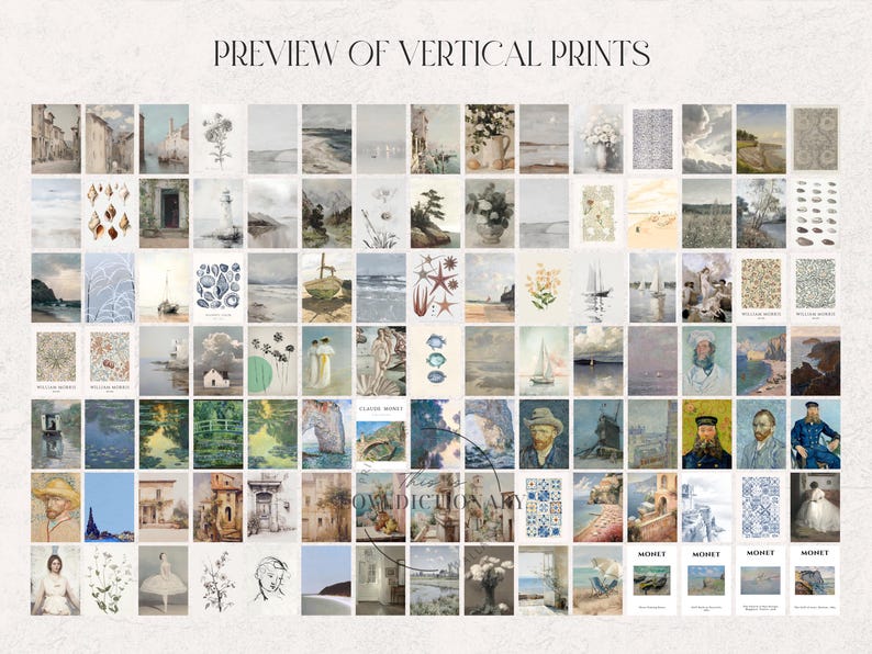 Puede incluir: Un collage de 64 impresiones verticales que presentan una variedad de temas, incluyendo paisajes, marinas, naturalezas muertas y arte abstracto. Las impresiones est&aacute;n dispuestas en una cuadr&iacute;cula y todas tienen una paleta de colores apagados.