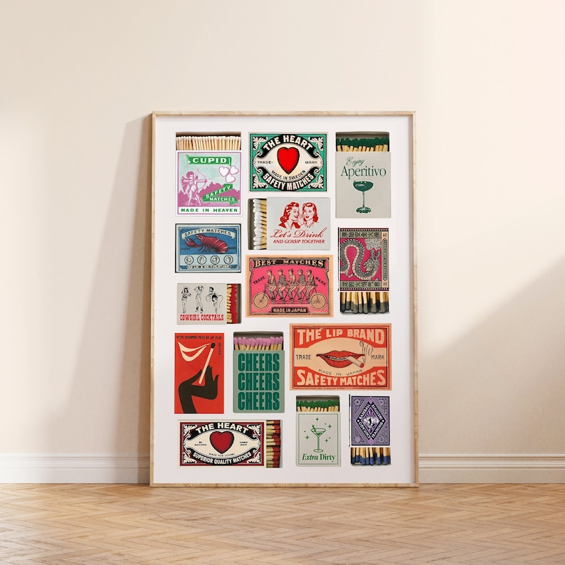 May include: A collage of vintage matchbox labels featuring various designs and text, including "Cupid", "The Heart", "Let's Drink", "Best Matches", "The Lip Brand", "Cheers", and "Extra Dirty".