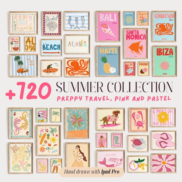 Pacchetto di 720 decorazioni murali costiere, decorazioni murali rosa stile spiaggia, decorazioni per case sulla spiaggia, decorazioni murali da viaggio preppy, decorazioni da spiaggia alla moda, download digitale