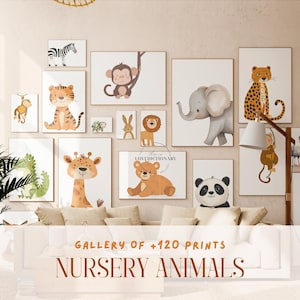 PAQUETE DE 150 láminas para habitación infantil con temática de jungla, decoración de habitación infantil con temática de safari, póster con animales de safari, arte de pared imprimible con temática de jungla, juego de galería para pared