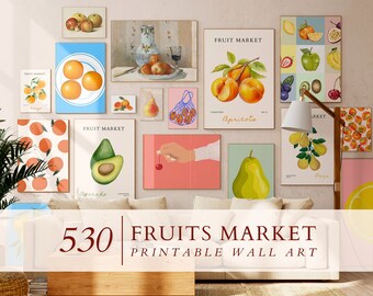 Set mit 530 fruchtbaren Harmonien, Obstdrucken, minimalistischen digitalen Kunst-Obst-inspirierten Illustrationen, Esszimmer-Wanddekoration, Obstmarkt-Drucken