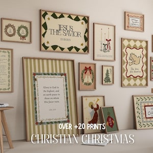 May include: A selection of framed Christian Christmas prints, showcasing festive designs and religious quotes. The prints include images of wreaths, angels, and the text "Jesus the Saviour is Born." The words "Christian Christmas" are displayed.