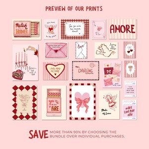May include: A collection of Valentine's Day themed prints with various designs, including matchboxes, envelopes, hearts, and cherubs. The prints feature phrases like "Match Heaven" and "Made of Love" in a pink and red color scheme.