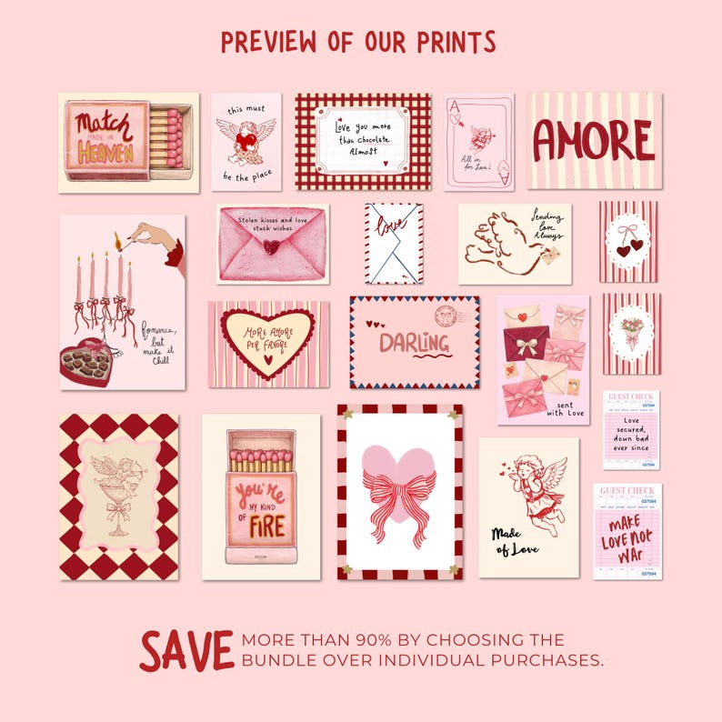 May include: A collection of Valentine's Day themed prints with various designs, including matchboxes, envelopes, hearts, and cherubs. The prints feature phrases like "Match Heaven" and "Made of Love" in a pink and red color scheme.