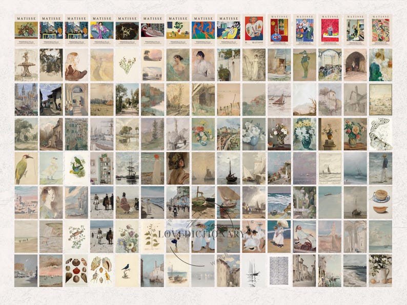Puede incluir: Un collage de 81 peque&ntilde;as im&aacute;genes cuadradas que presentan pinturas de Henri Matisse. Las im&aacute;genes representan una variedad de temas, que incluyen paisajes, marinas, retratos y naturalezas muertas. Las pinturas son de varios estilos, desde impresionista hasta fauvista. El collage es una excelente manera de mostrar el trabajo del artista e inspirar la creatividad.