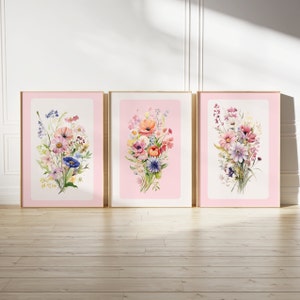 Floral Watercolor Print Set Of 3 | Wildflower Field Wall Art | Floral Watercolor Print | Printable Colorful Flower Artwork, Digital Download