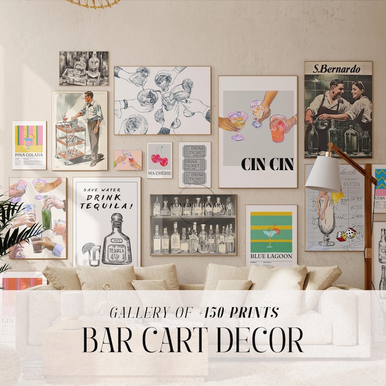 May include: A gallery wall of colorful prints with a bar cart theme. The prints feature cocktails, drinks, and bar-related imagery. The prints are arranged in a grid pattern on a white wall. The wall is behind a beige couch.