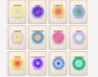 Bundle-Sternzeichen Sofort-Download-Druck, Sternzeichen druckbare Kunst, spirituelle Wandkunst, Aura Farbverlauf Poster, DIGITAL DOWNLOAD.