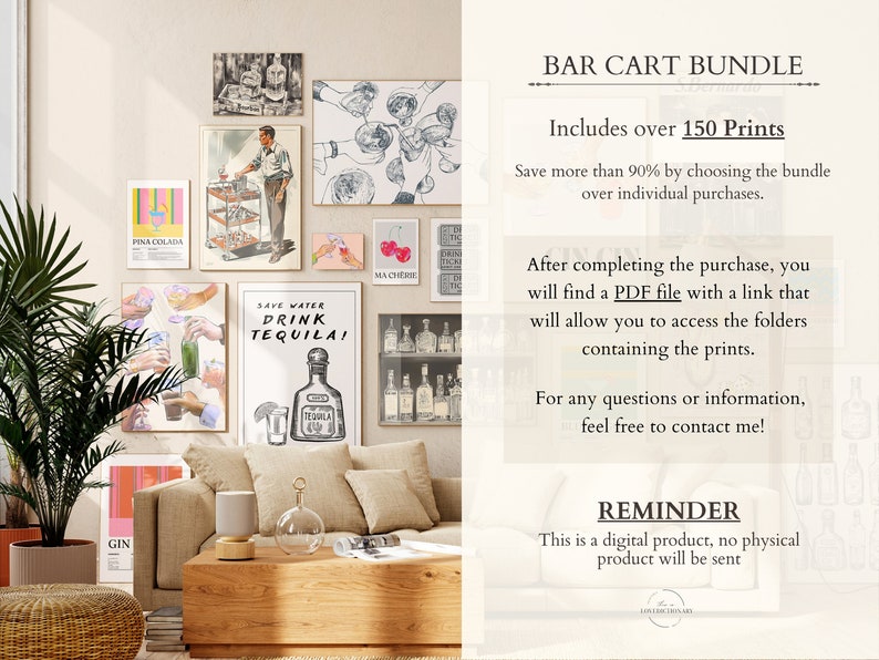 May include: A digital download bundle of over 150 printable bar cart themed illustrations. The image shows a living room with a couch, coffee table, and a wall decorated with various prints from the bundle. The text on the wall reads "Save Water Drink Tequila!" and "Bar Cart Bundle".