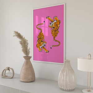 Pink Orange Tiger Print, Preppy Room Decor, Preppy Tiger Poster, Boho Wall Art, Large Printable Poster, Animal Print, Trendy Wall Art