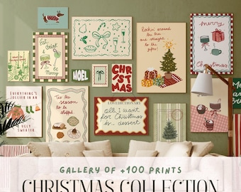 May include: A collection of Christmas-themed art prints with various designs, including festive illustrations, text, and holiday imagery. The prints are displayed on a green wall above a sofa, creating a cozy and decorative atmosphere.