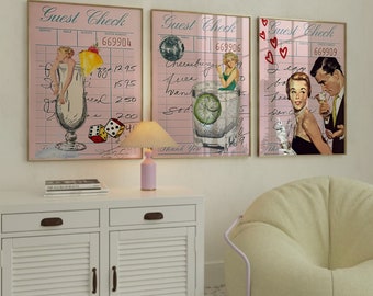 Retro Cocktail Guest Check Art Prints, Set of 3 (Digital Download)