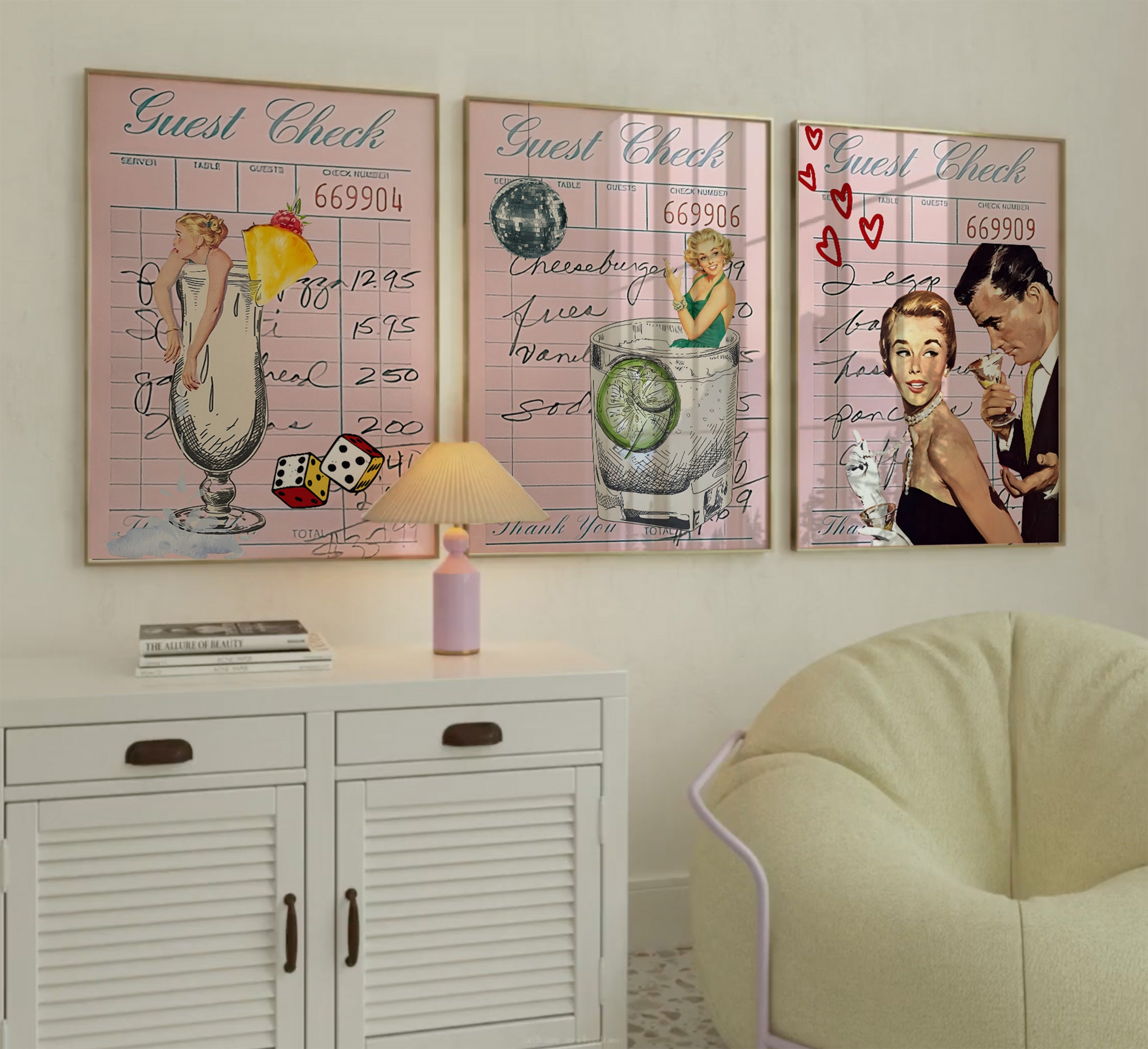 Juego de 3 impresiones retro de bebidas y cheques de invitados, decoración de carrito de bar, decoración de apartamento universitario, impresiones de arte de revistas retro, arte de pared para dormitorio, descarga digital