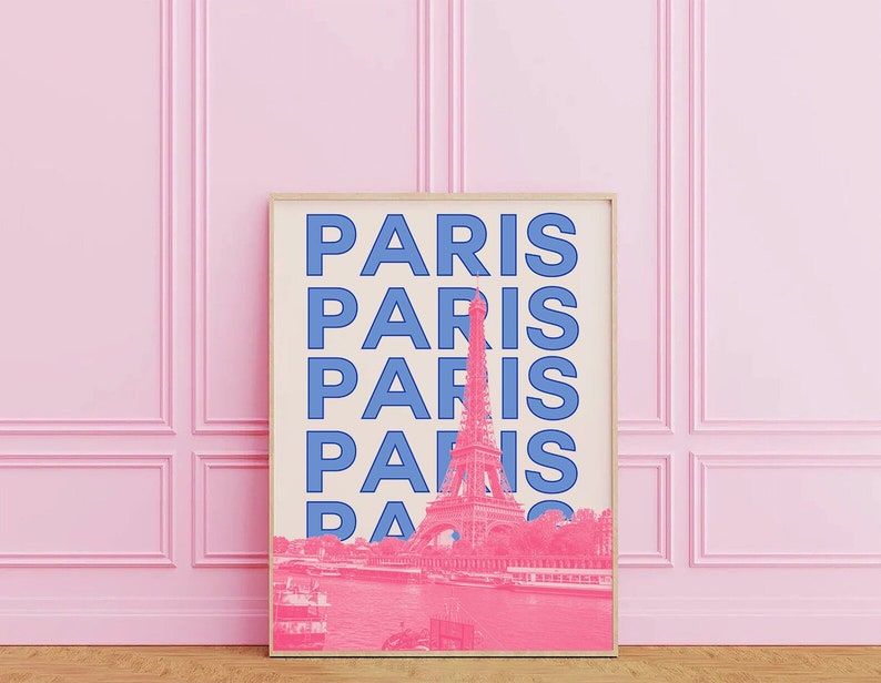 May include: A framed print with a pink and blue color scheme featuring the Eiffel Tower and the word "PARIS" repeated five times.