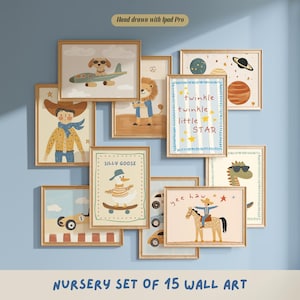 May include: A collection of framed nursery art prints. The prints feature whimsical illustrations of a dog in a plane, a cowboy, a lion, a goose on a skateboard, a dinosaur, planets, and the text "twinkle twinkle little star". The text "NURSERY SET OF 15 WALL ART" is also visible.