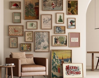 May include: A collection of framed Christmas-themed art prints in various sizes and styles, including winter scenes, Santa Claus, and festive text. The prints are displayed on a white wall, creating a gallery-like arrangement. The phrase "CHRISTMAS DECOR" is visible.