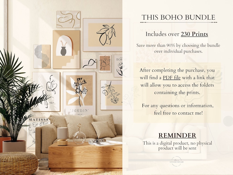 May include: A digital download of over 230 printable wall art prints in a boho style. The prints feature abstract line drawings, floral designs, and geometric shapes in neutral colors. The text "This Boho Bundle" and "Includes over 230 Prints" is displayed on the right side of the image.
