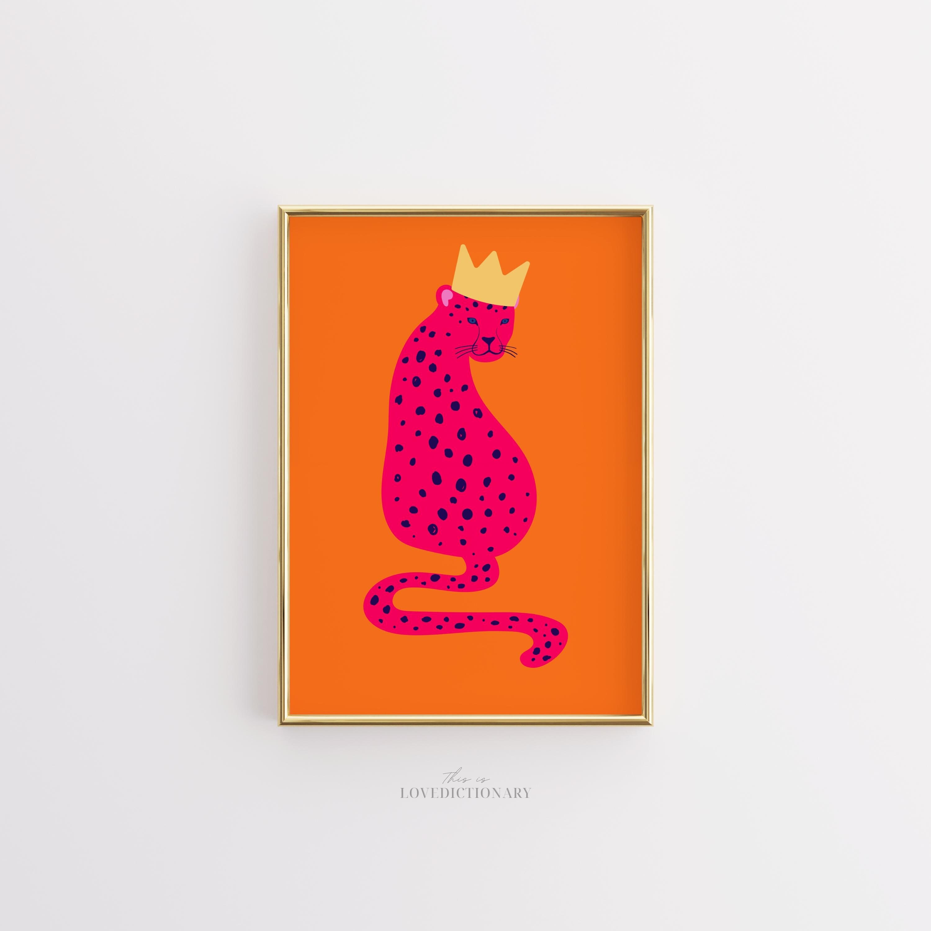 Pink Leopard With Crown Art Print, Preppy Maximalist Decor