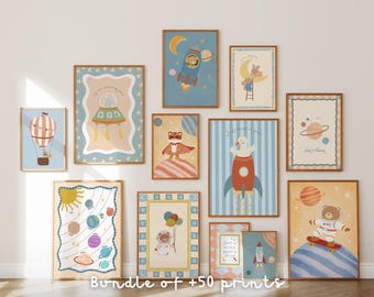 Space Nursery Prints, Solar System, Moon, Stars, Galaxy Wall Art (Digital Download)