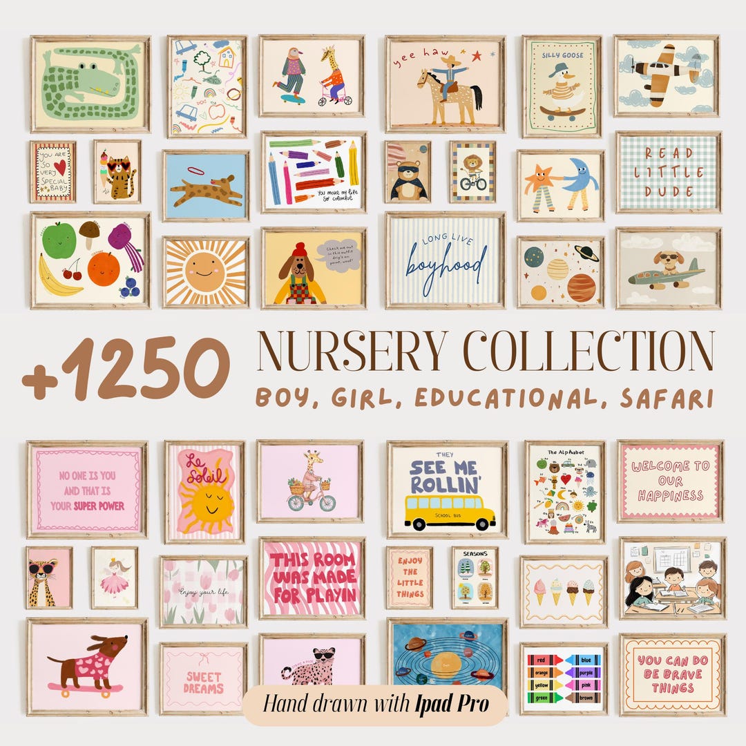 Bundle of +1250 Nursery Prints, Kids Room Wall Art, Baby Room Decor, Playful Animal Prints