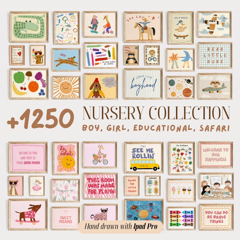 Bundle of +1250 Nursery Prints, Kids Room Wall Art, Baby Room Decor, Playful Animal Prints, Eclectic Nursery Wall Art, Educational Prints image 1