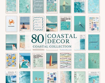 Könnte beinhalten: Eine Sammlung von 80 druckbaren Wandbildern im Küsten-Stil. Die Drucke zeigen verschiedene Designs, darunter Muscheln, Surfer, Boote und Strandszenen. Die Drucke sind perfekt, um jedem Raum einen Hauch von Küstencharme zu verleihen.