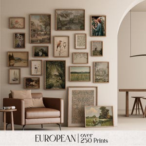 May include: A collection of framed vintage art prints, including landscapes and floral designs, displayed on a wall. The prints are in wooden frames of different sizes. A brown leather armchair is in the foreground. Text at the bottom reads "EUROPEAN over 250 Prints".