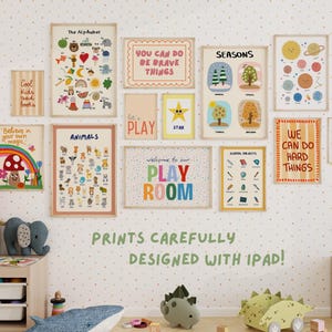 May include: A collection of colorful printable posters for a child's playroom. The posters feature various themes, including animals, the alphabet, seasons, and inspirational messages. The text on the posters includes phrases like "It's cool to be kind", "We can do hard things", and "Believe in your own magic".