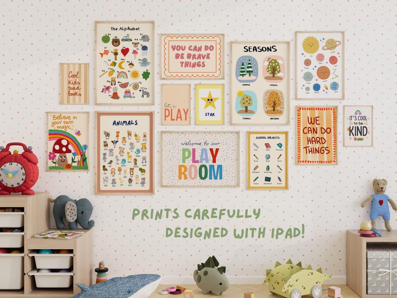 May include: A collection of colorful printable posters for a child's playroom. The posters feature various themes, including animals, the alphabet, seasons, and inspirational messages. The text on the posters includes phrases like "It's cool to be kind", "We can do hard things", and "Believe in your own magic".