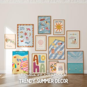 May include: A selection of framed art prints with a summer theme. The prints depict illustrations of beach scenes, marine life, and tropical elements. The text "Aloha" and "Take me to the ocean" are visible. The text "Bundle of +70 prints" and "Trendy Summer Decor" are also visible.