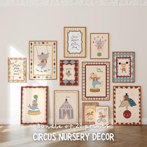 Puede incluir: Una colección de láminas artísticas enmarcadas con temática de circo para guardería. Las láminas presentan ilustraciones caprichosas de animales de circo, carpas y frases como "Make Your Own Magic" y "Shine Bright Little Star". La paleta de colores incluye tonos pastel suaves y cálidos.