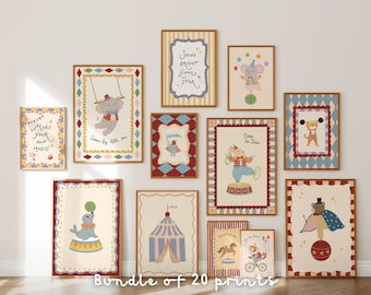Láminas infantiles con temática de circo, arte mural vintage de animales, decoración infantil (20 descargas digitales)