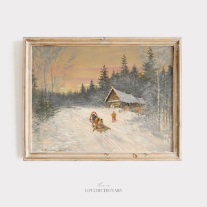 Vintage Winter Wall Art, Vintage Neutral Wall Art, Snowy Landscape Painting Printable Art, Winter Painting Print, Antique Holiday Decoration