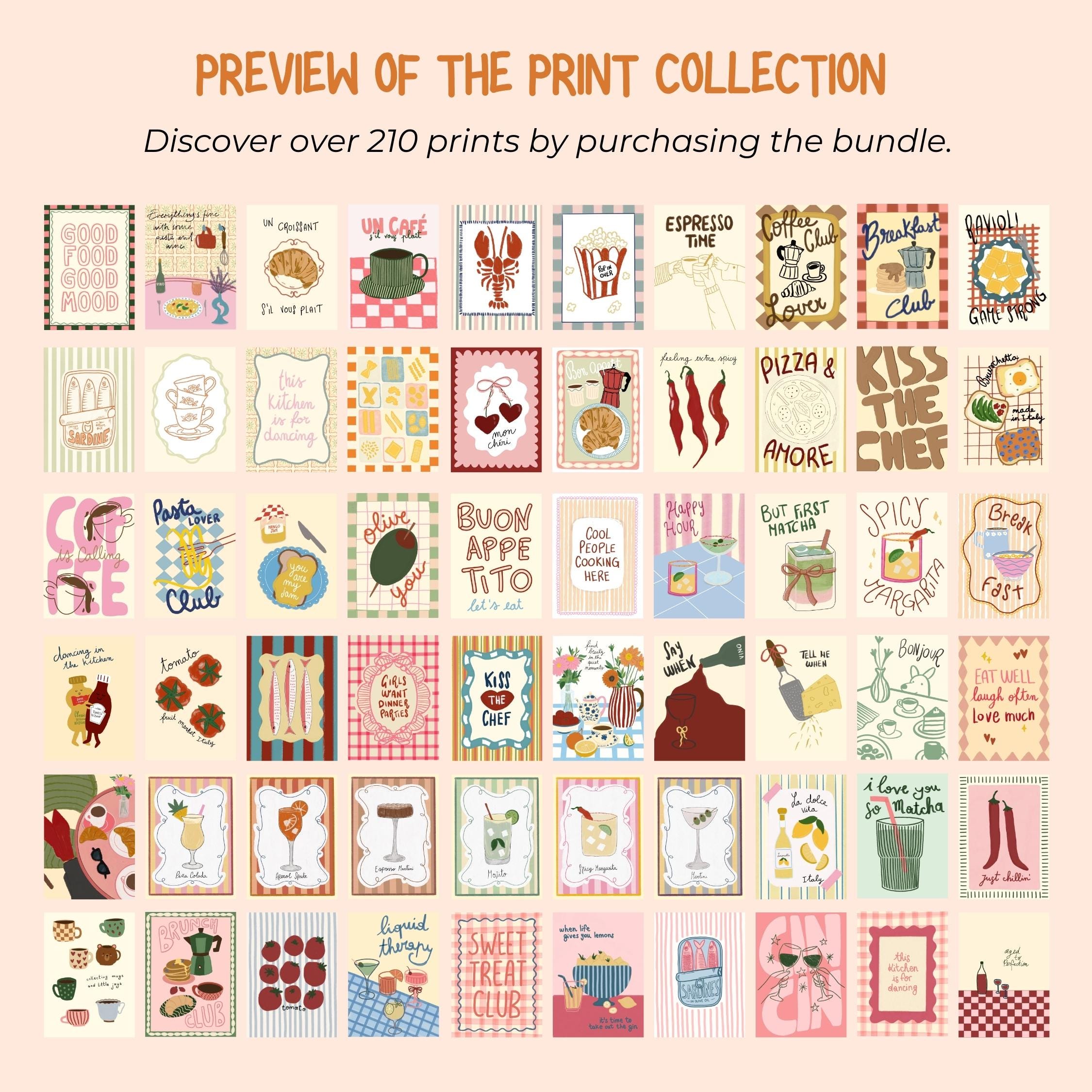 mega retro kitchen gallery wall art set of 90,... Kitchen Wall Art Bundle, 210 Retro Food Prints, Bar Cart Decor Set ...