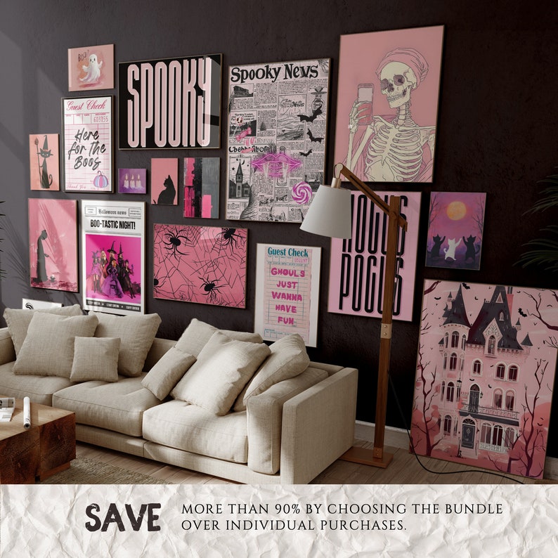 Pink Halloween Gallery Wall Art Prints, Spooky Dark Academia Decor ...