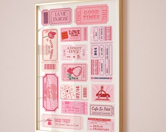 Pink Retro Ticket Stub Print, Preppy Room Decor (Digital Download)
