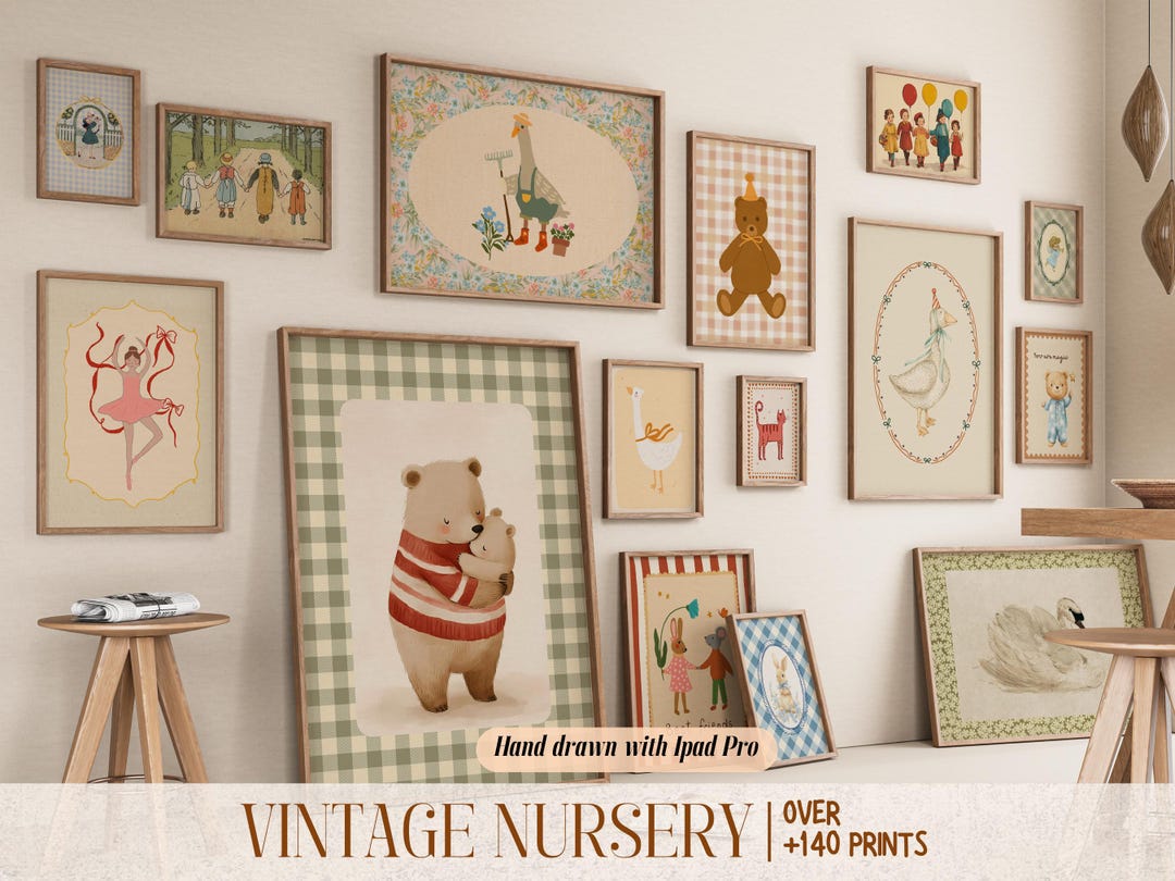 Vintage Nursery Wall Art Bundle, 140+ Hand-drawn Prints, Baby Room ...