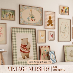 Vintage Nursery Wall Art Bundle, 140+ Hand-Drawn Prints, Baby Room Decor, Retro Kids Room Prints, Playroom Decor, Digital Download