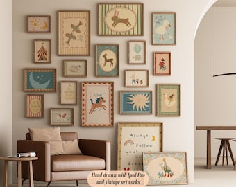 Ilustrações retrô de animais para quarto de bebê, decoração vintage para quarto infantil (download digital)