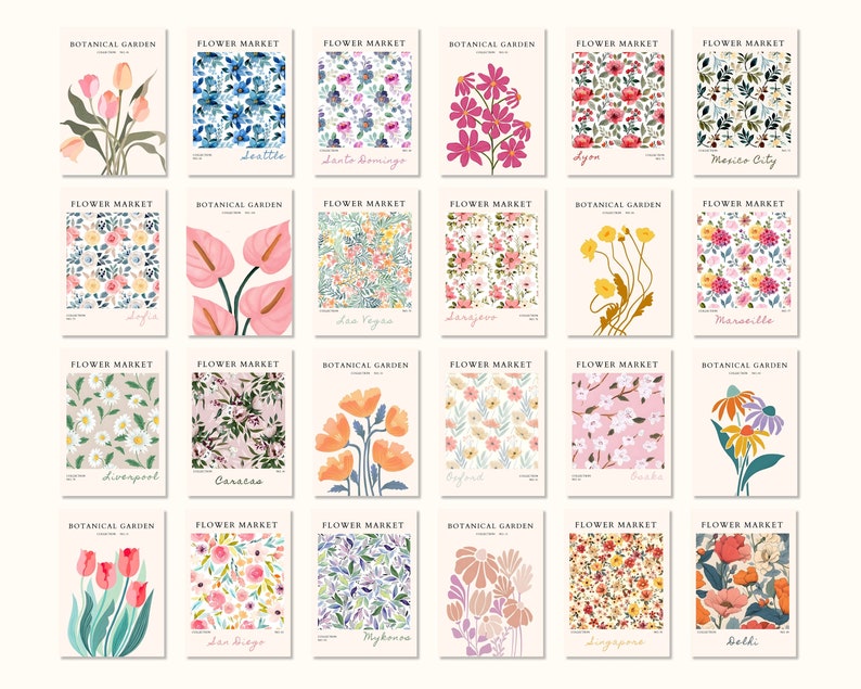 Flower Market Print Set of 100 Flower Gallery Wall Set, Trendy Floral Posters, Colorful Art Print Bundle, Botanical Art Set,Digital Download image 6