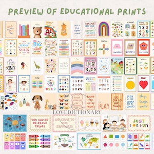 May include: A collection of colorful educational posters for children. The posters feature various themes, including letters, numbers, shapes, colors, animals, and more. The posters are designed with bright colors and playful illustrations.
