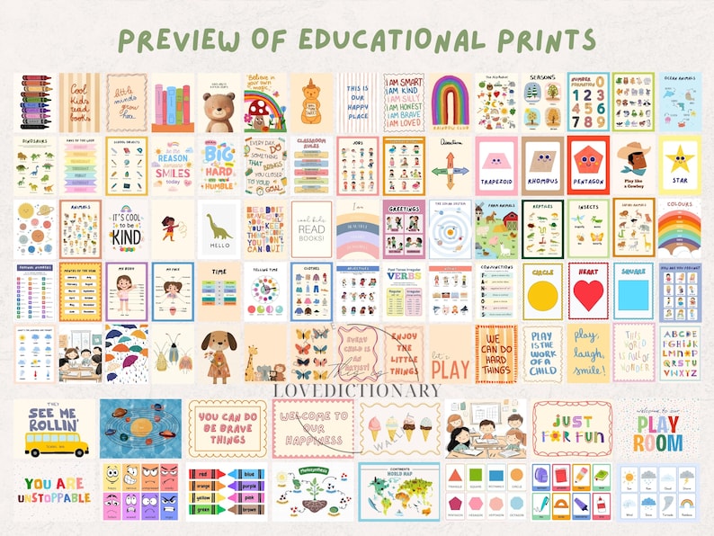 May include: A collection of colorful educational posters for children. The posters feature various themes, including letters, numbers, shapes, colors, animals, and more. The posters are designed with bright colors and playful illustrations.